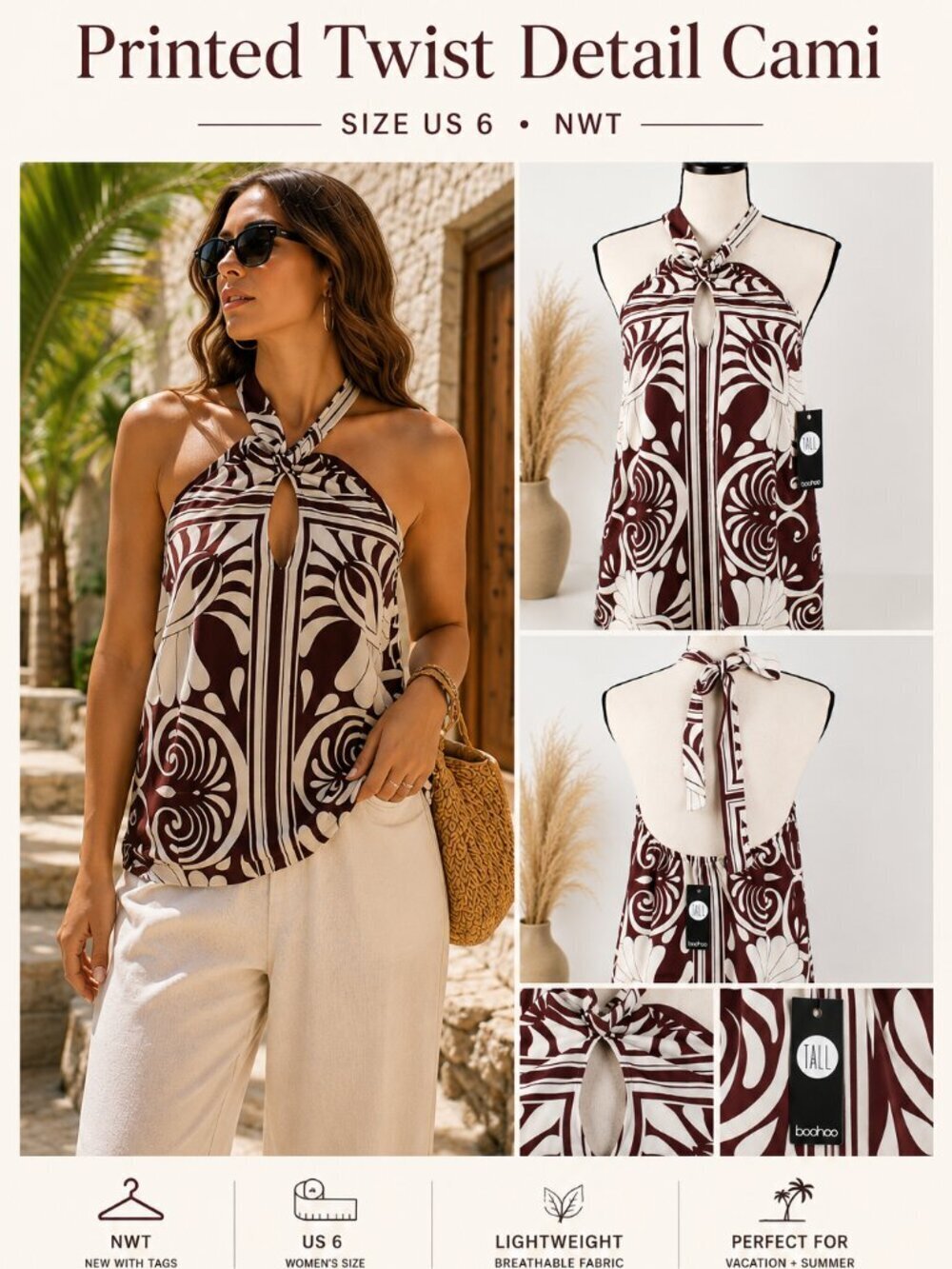 Boohoo Tall Twist Detail Printed Cami Top NWT Women's US 6 Brown Halter